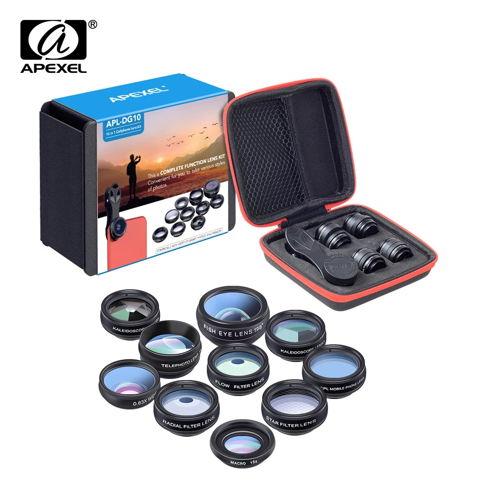 Kit de Lentes APEXEL 10 en 1 para Teléfono Inteligente