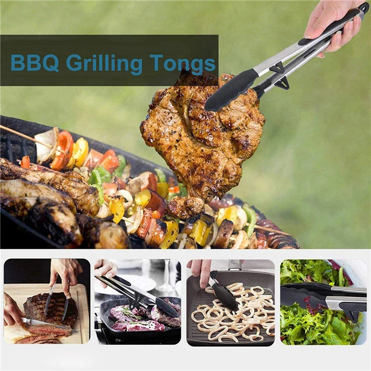 Pinzas de cocina LMETJMA, pinzas para barbacoa de acero inoxidable resistentes al calor con puntas de silicona y diseño de soporte para parrilla de ensalada KC0254