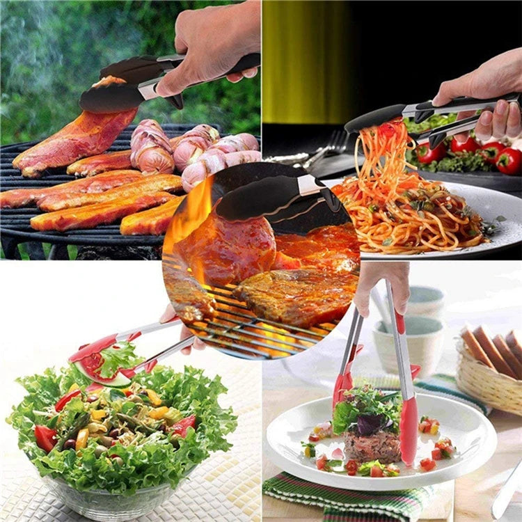 Pinzas de cocina LMETJMA, pinzas para barbacoa de acero inoxidable resistentes al calor con puntas de silicona y diseño de soporte para parrilla de ensalada KC0254