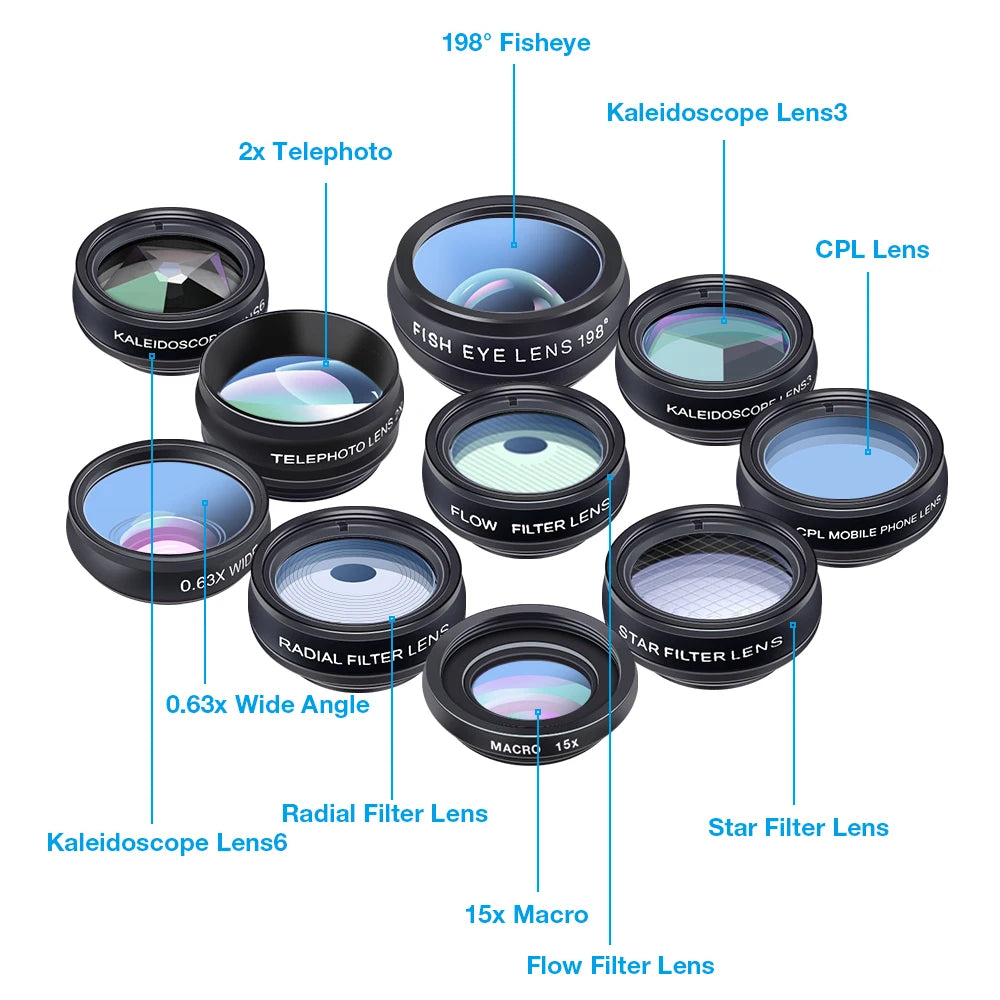 Kit 10 en 1 de Lentes APEXEL para Cámara de Teléfono Inteligente