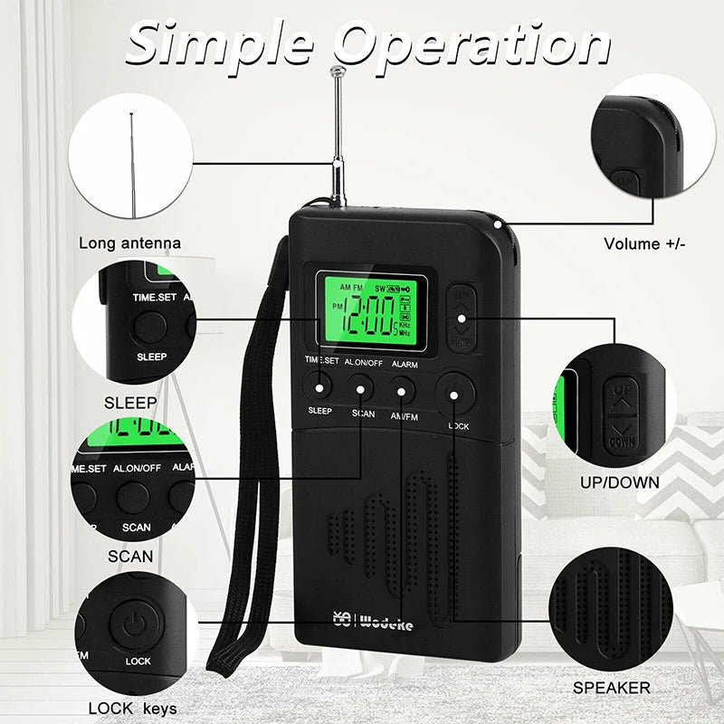 Mini Radio Portátil AM FM de Bolsillo con Altavoz y Despertador