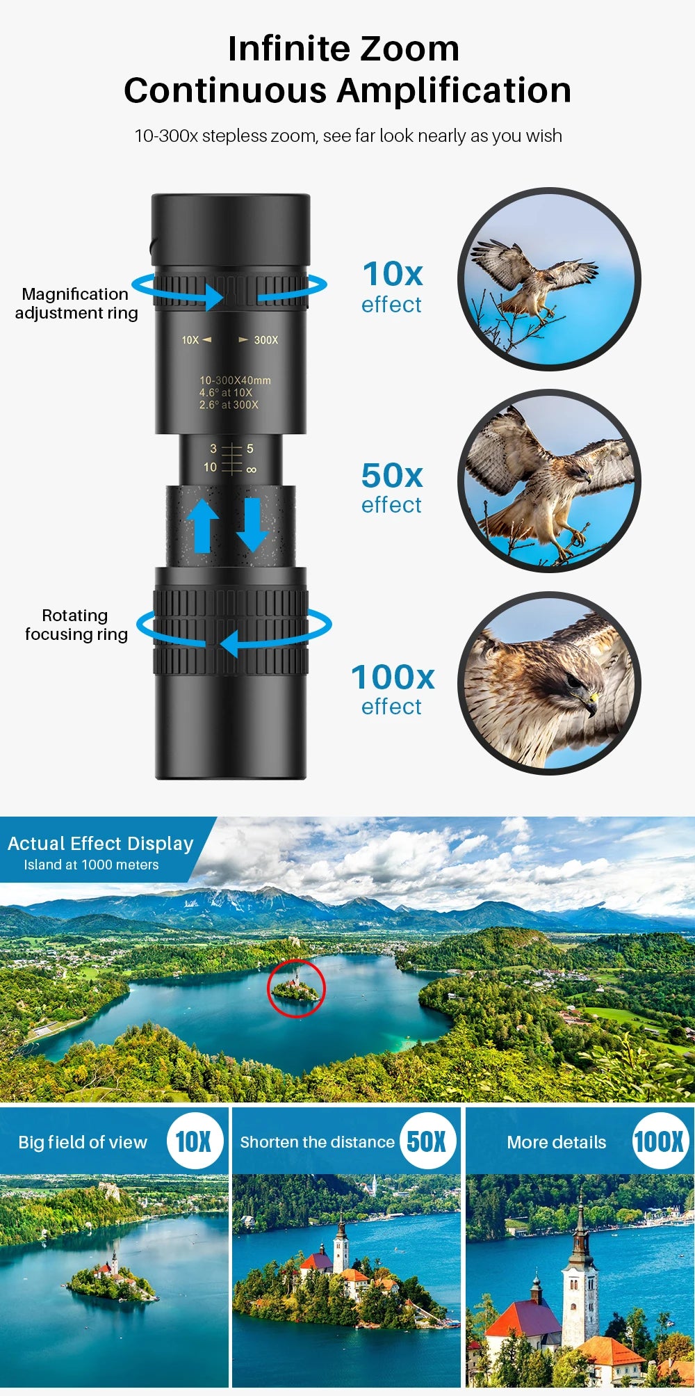Monocular Telescopio APEXEL HD 10-300x40 con Soporte para Teléfono