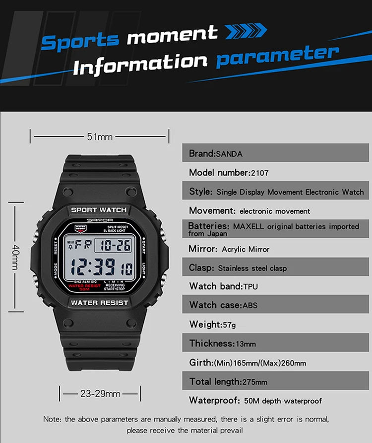 Reloj Digital SANDA 2107 Militar para Hombre, Estilo G Sport LED