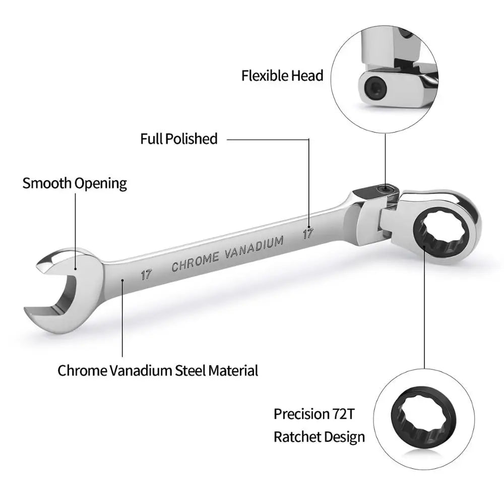 Llave de trinquete de cabeza pivotante Flexible, herramienta manual métrica de garaje para reparación de automóviles y hogares, 1 unidad