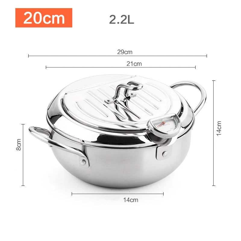 LMETJMA-Sartén japonesa con termómetro y tapa, sartenes de acero inoxidable 304 para cocina, freidora tempura de 20 y 24 cm, KC0405