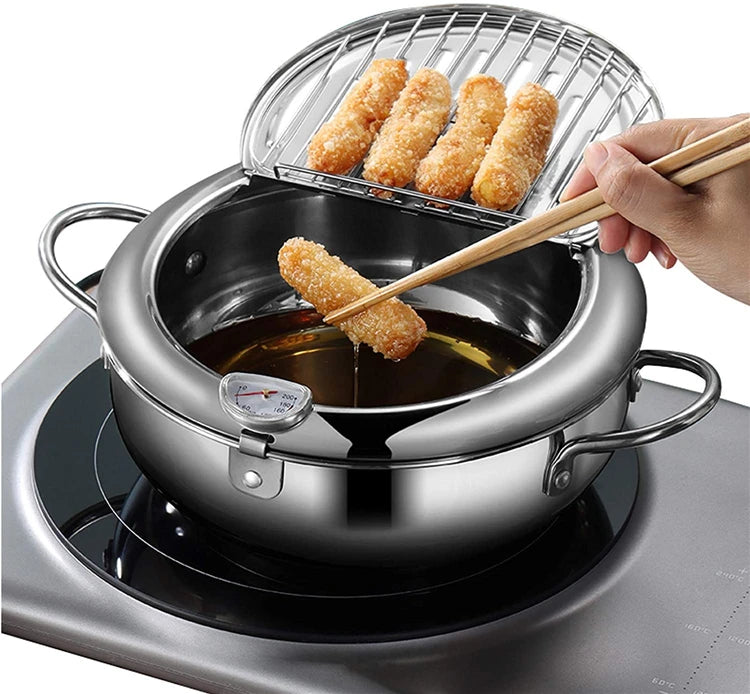 LMETJMA-Sartén japonesa con termómetro y tapa, sartenes de acero inoxidable 304 para cocina, freidora tempura de 20 y 24 cm, KC0405