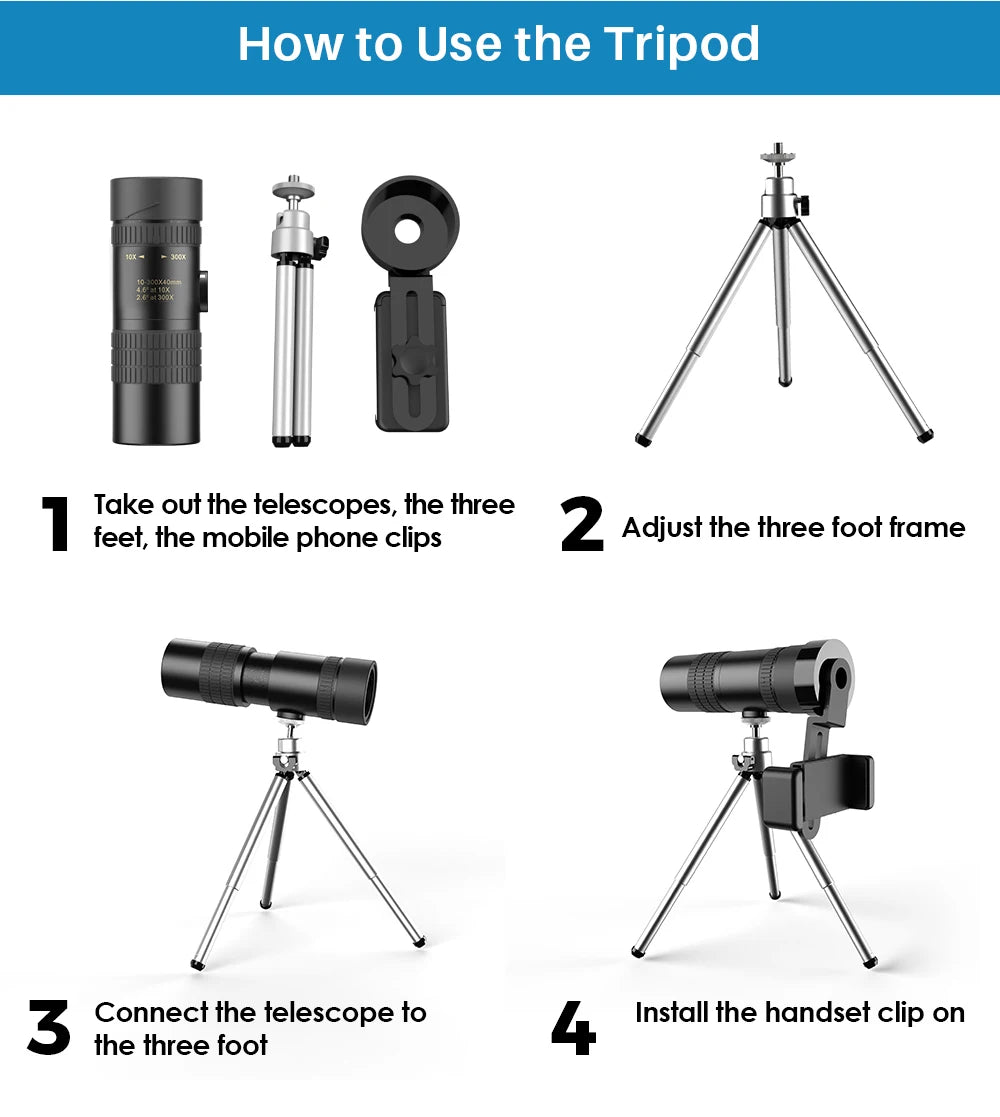 Monocular Telescopio APEXEL HD 10-300x40 con Soporte para Teléfono