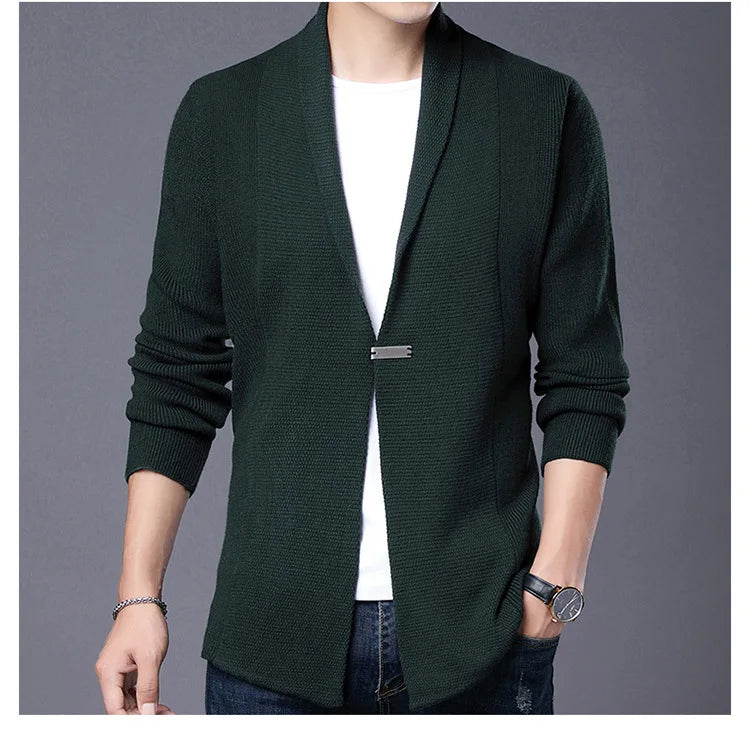 Cárdigan de punto ajustado de lana para hombre, ropa de calle de marca de alta calidad, suéter japonés, abrigos informales, chaqueta, ropa para hombre 2025
