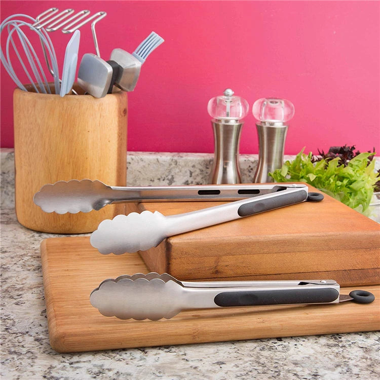 LMETJMA 9 ''12'' 14'' 16 ''pinzas de cocina pinzas de parrilla de acero inoxidable para cocinar barbacoa pinzas antideslizantes para ensalada Clips KC0312