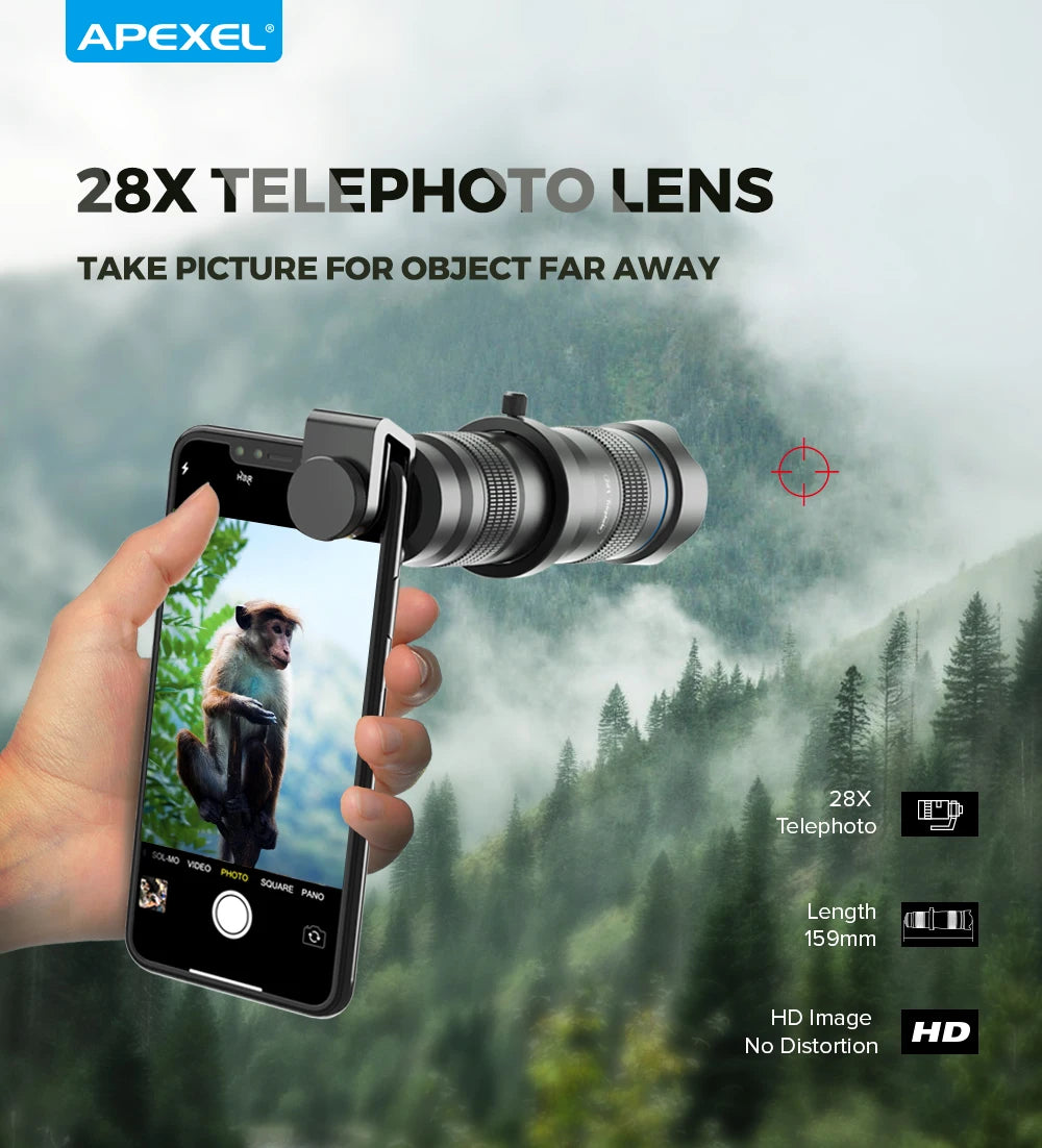 Lente Telescópica APEXEL 28x para Smartphone con Trípode