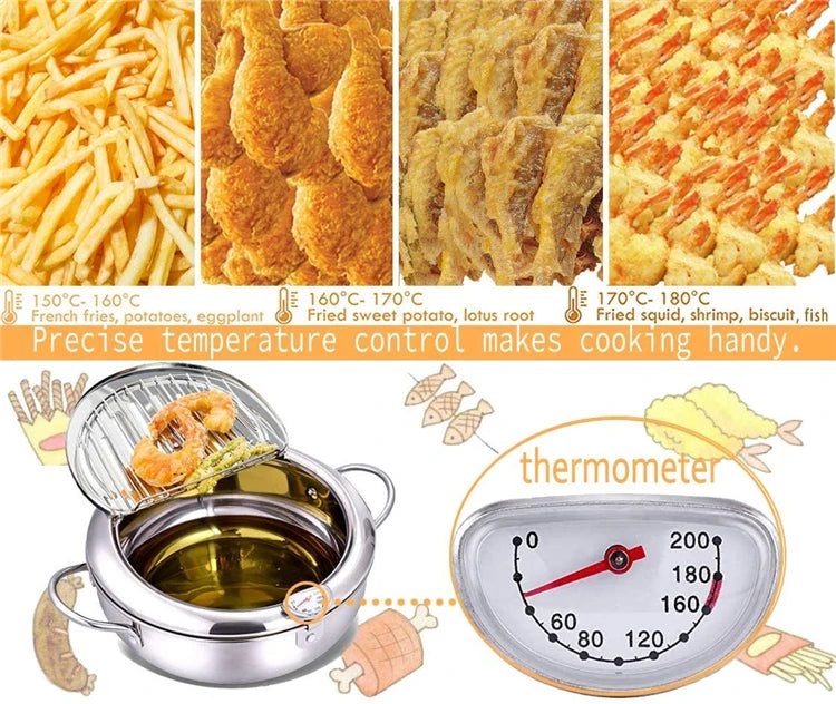 LMETJMA-Sartén japonesa con termómetro y tapa, sartenes de acero inoxidable 304 para cocina, freidora tempura de 20 y 24 cm, KC0405