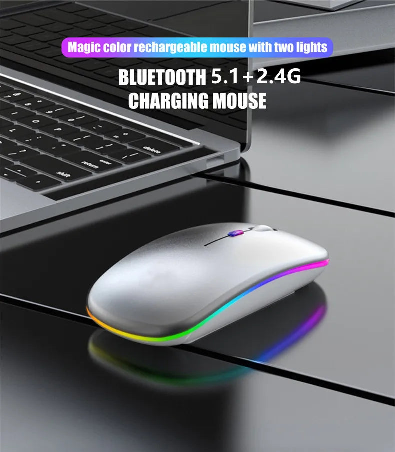 Ratón inalámbrico LED, recargable por USB, compatible con Bluetooth, RGB, silencioso, ergonómico, con retroiluminación, para ordenador portátil, PC y ipad