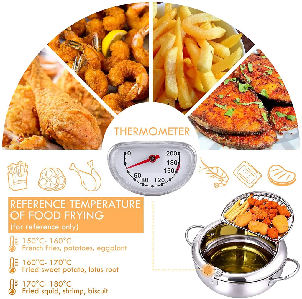 LMETJMA-Sartén japonesa con termómetro y tapa, sartenes de acero inoxidable 304 para cocina, freidora tempura de 20 y 24 cm, KC0405