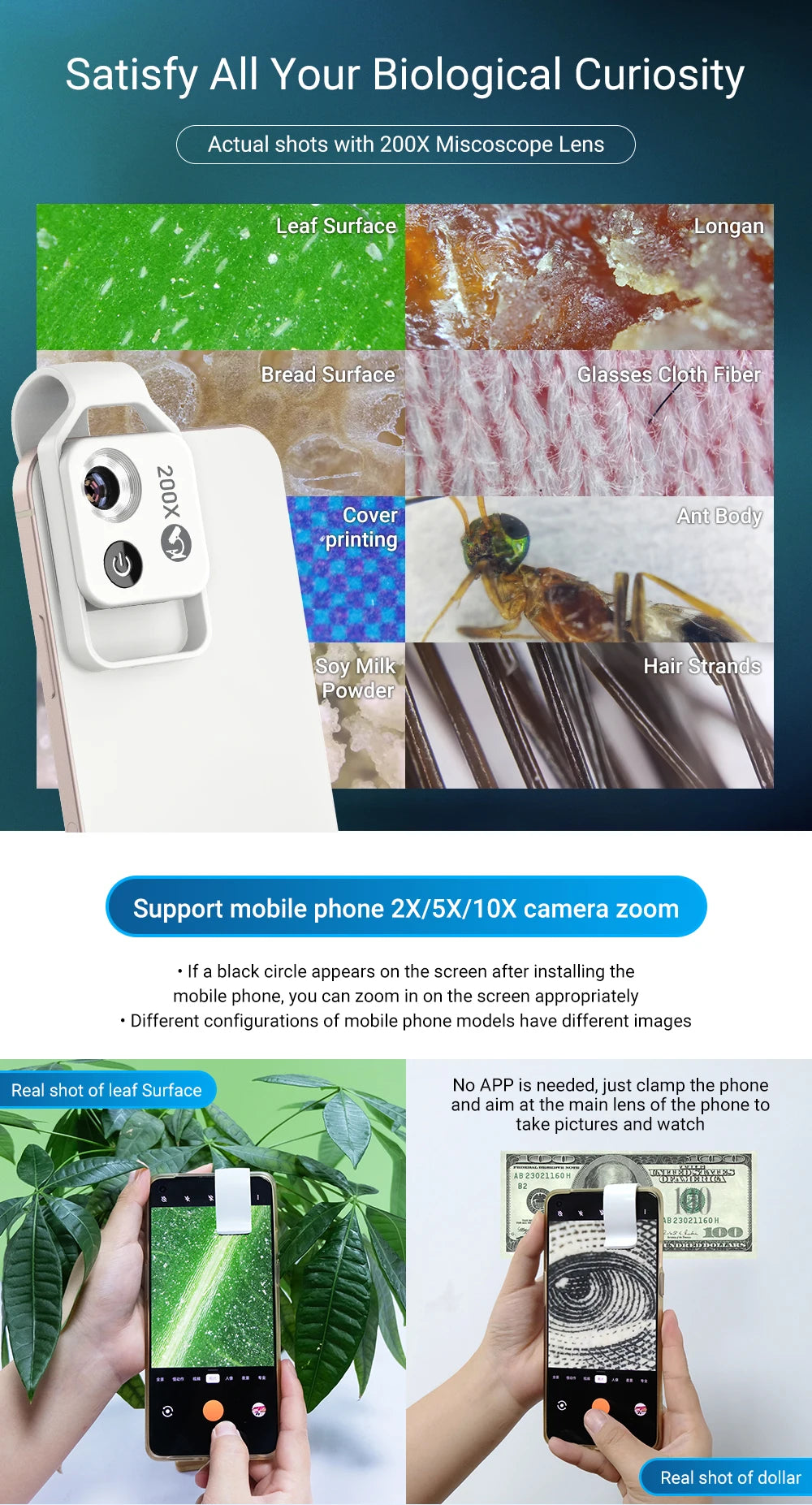 Lente Microscopio 200X para Teléfono con Luz LED y Filtro CPL