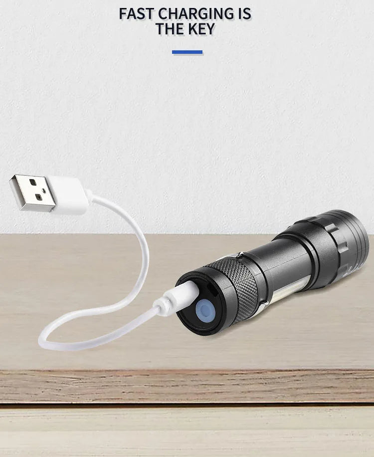 Linterna LED Recargable COB T6 con Zoom 3 Modos Impermeable