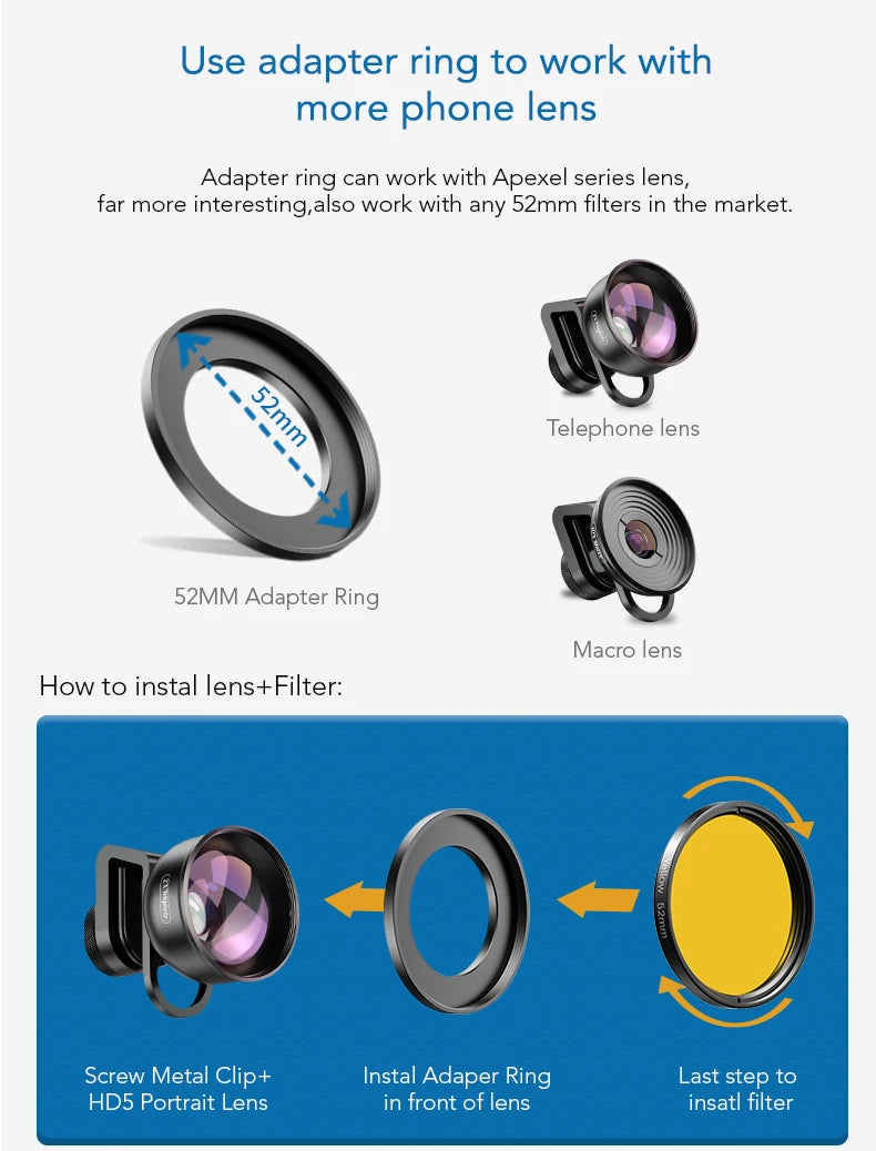 Kit de Lentes de Cámara APEXEL 0.45x para Smartphone y DSLR