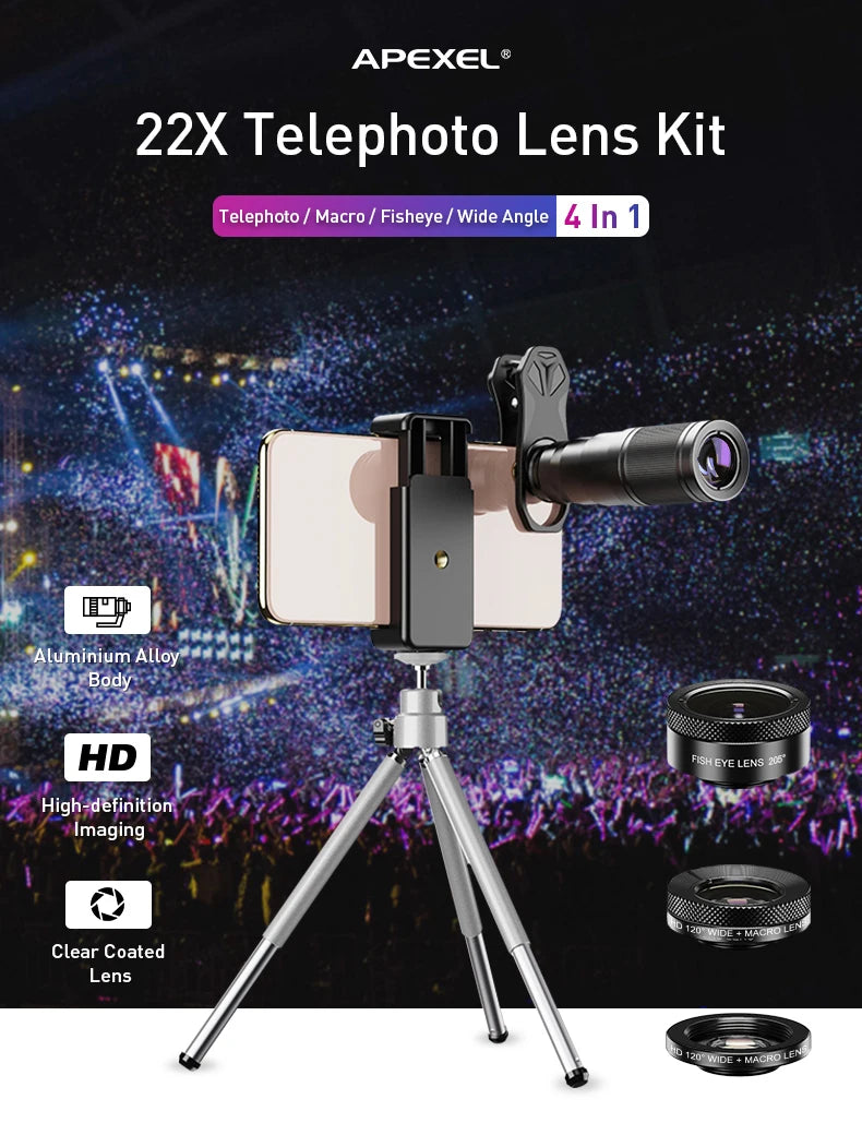 Kit Lentes 4 en 1 con Telescopio 22X para Teléfono APEXEL