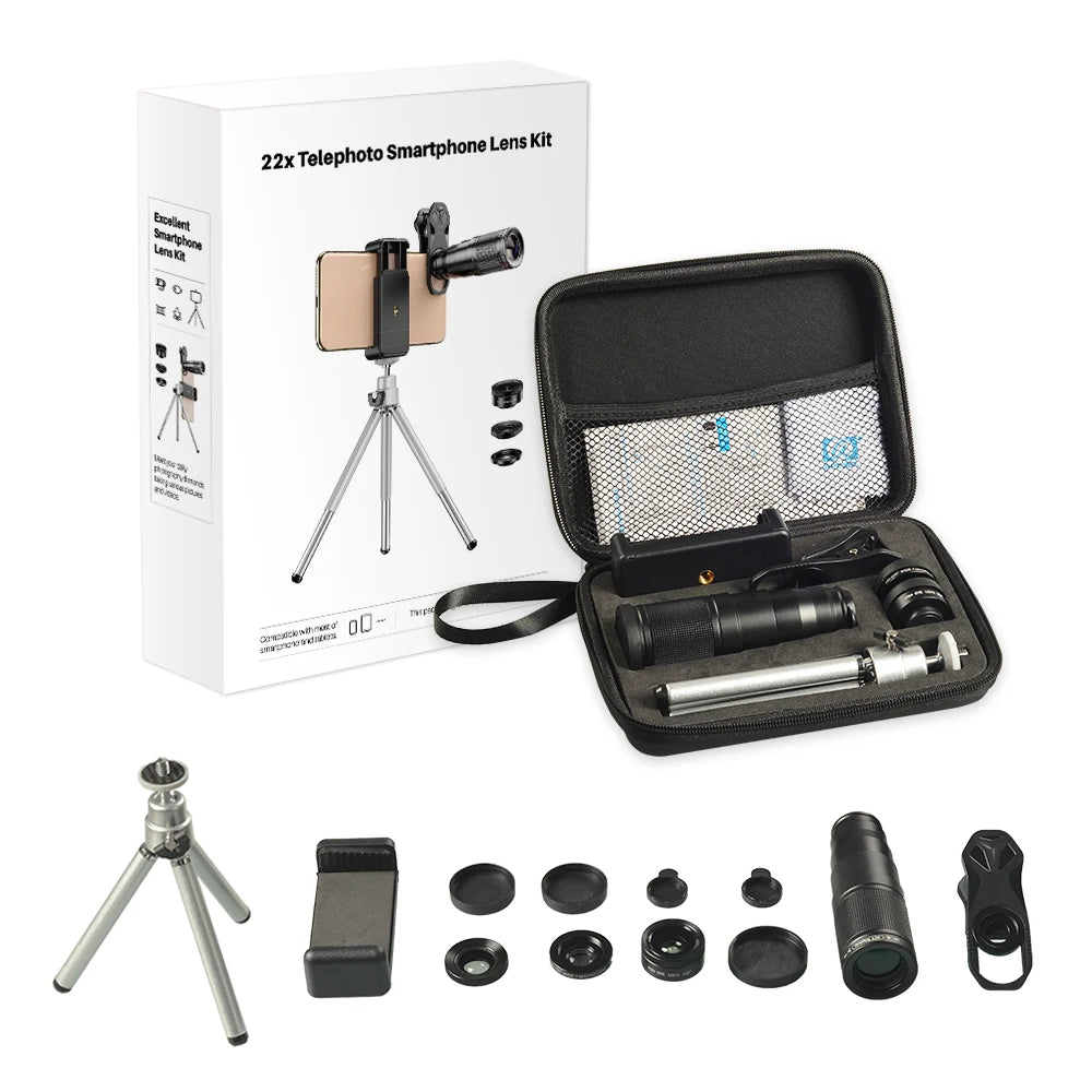 Kit Lentes 4 en 1 para Teléfono: Zoom 22X, Macro y Ojo de Pez
