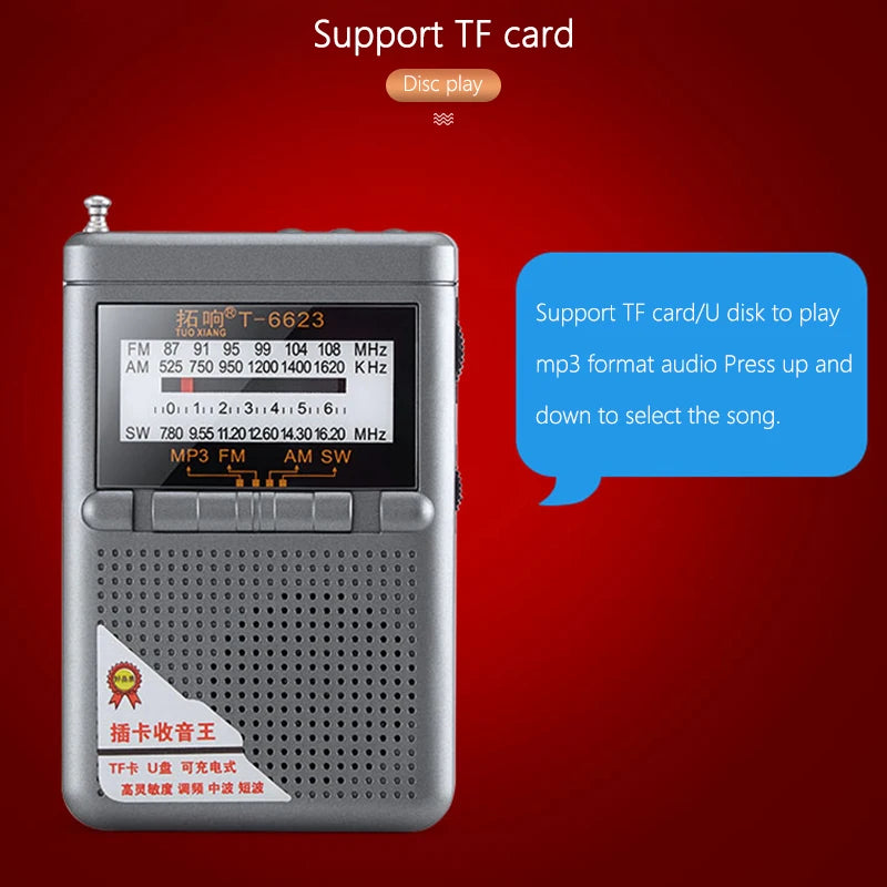 Radio FM AM SW de Banda Mundial con Tarjeta TF y Auriculares