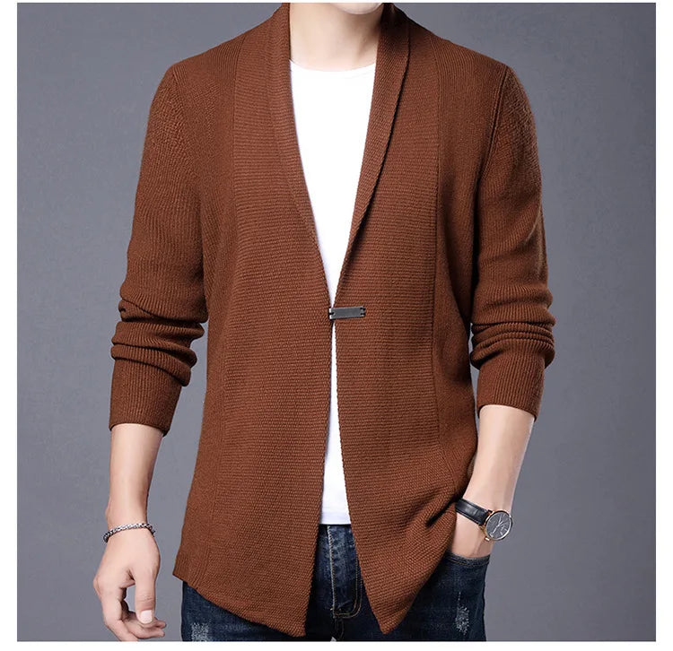 Cárdigan de punto ajustado de lana para hombre, ropa de calle de marca de alta calidad, suéter japonés, abrigos informales, chaqueta, ropa para hombre 2025