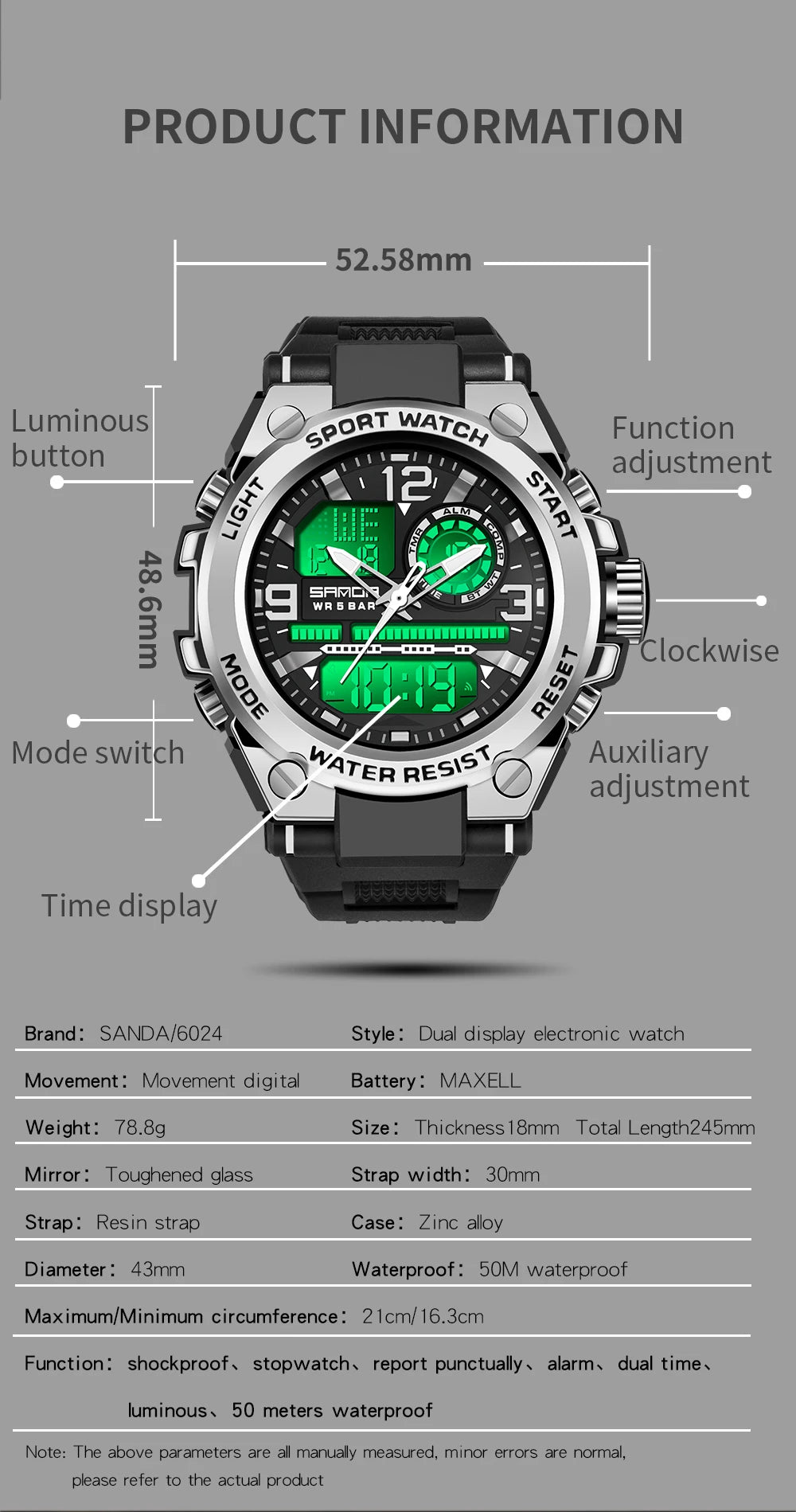 Reloj Militar SANDA Pantalla Dual LED Digital para Hombre