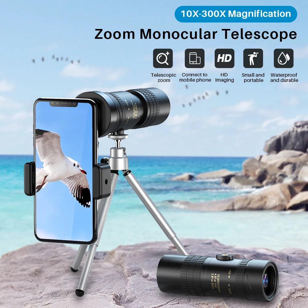 Monocular Telescopio APEXEL HD 10-300x40 con Soporte para Teléfono