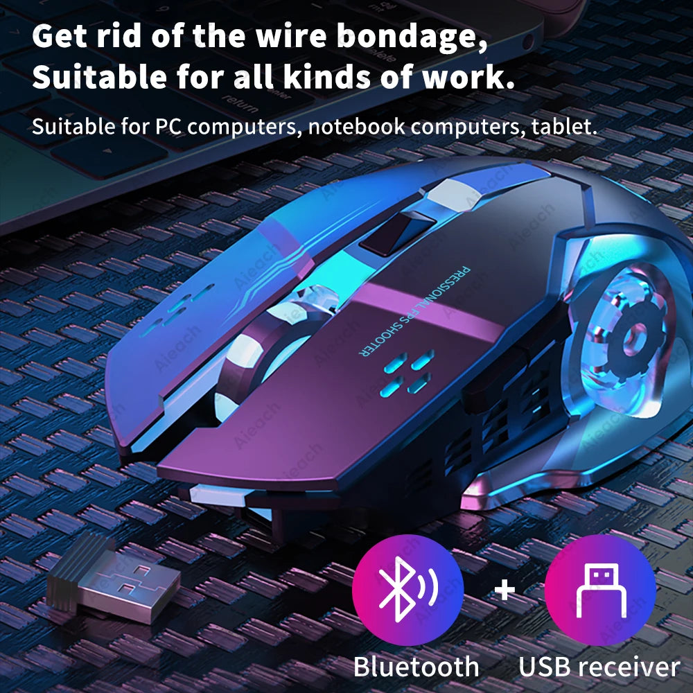Ratón inalámbrico recargable para videojuegos, Mouse silencioso con Bluetooth, USB, mecánico, retroiluminación para deportes electrónicos, PC, Gamer