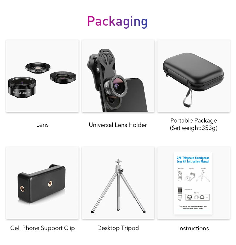 Kit Lentes 4 en 1 con Telescopio 22X para Teléfono APEXEL