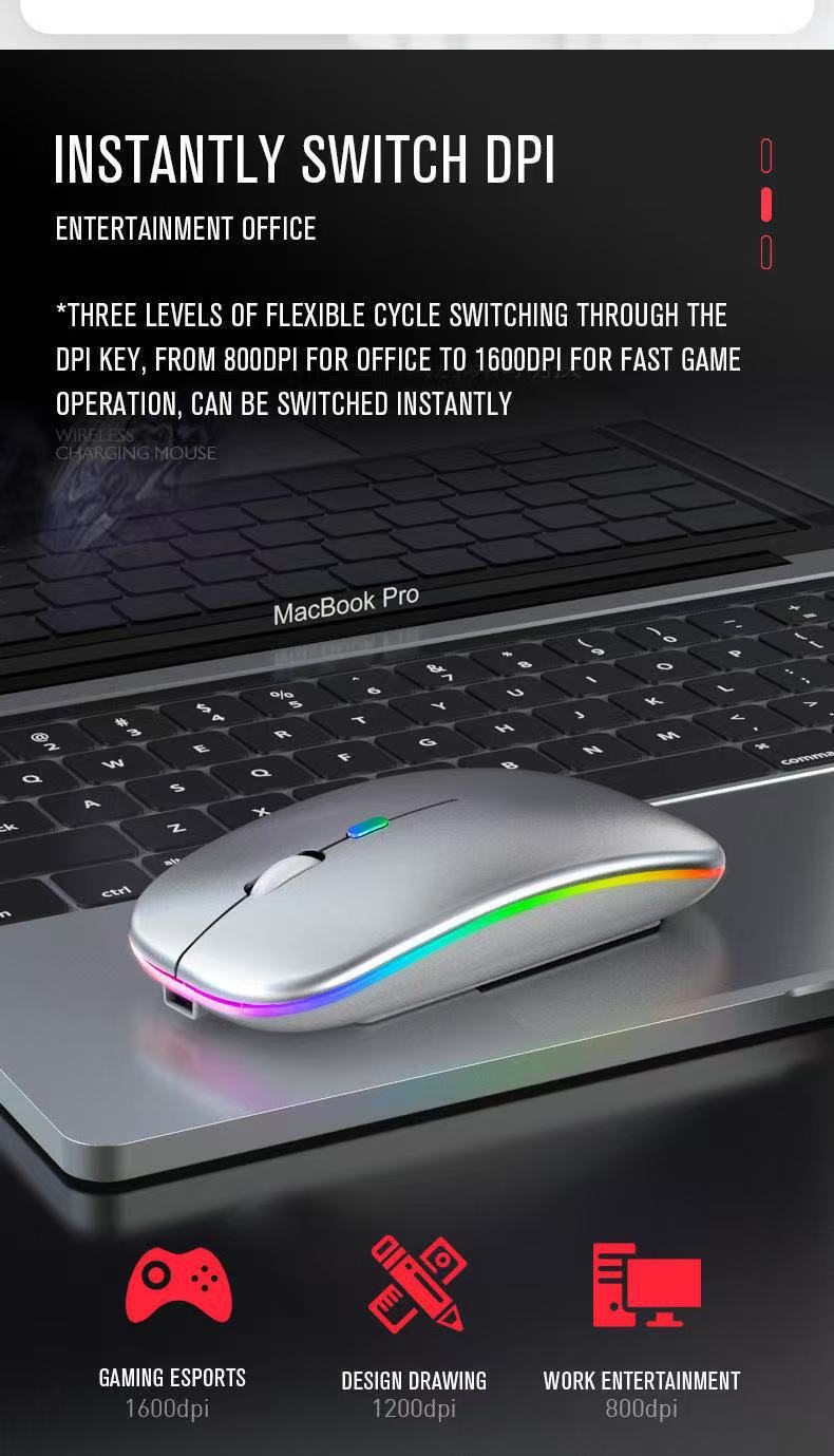 Ratón inalámbrico RGB recargable con Bluetooth, inalámbrico, retroiluminado con LED, ergonómico, para juegos, portátil, PC, 1600DPI