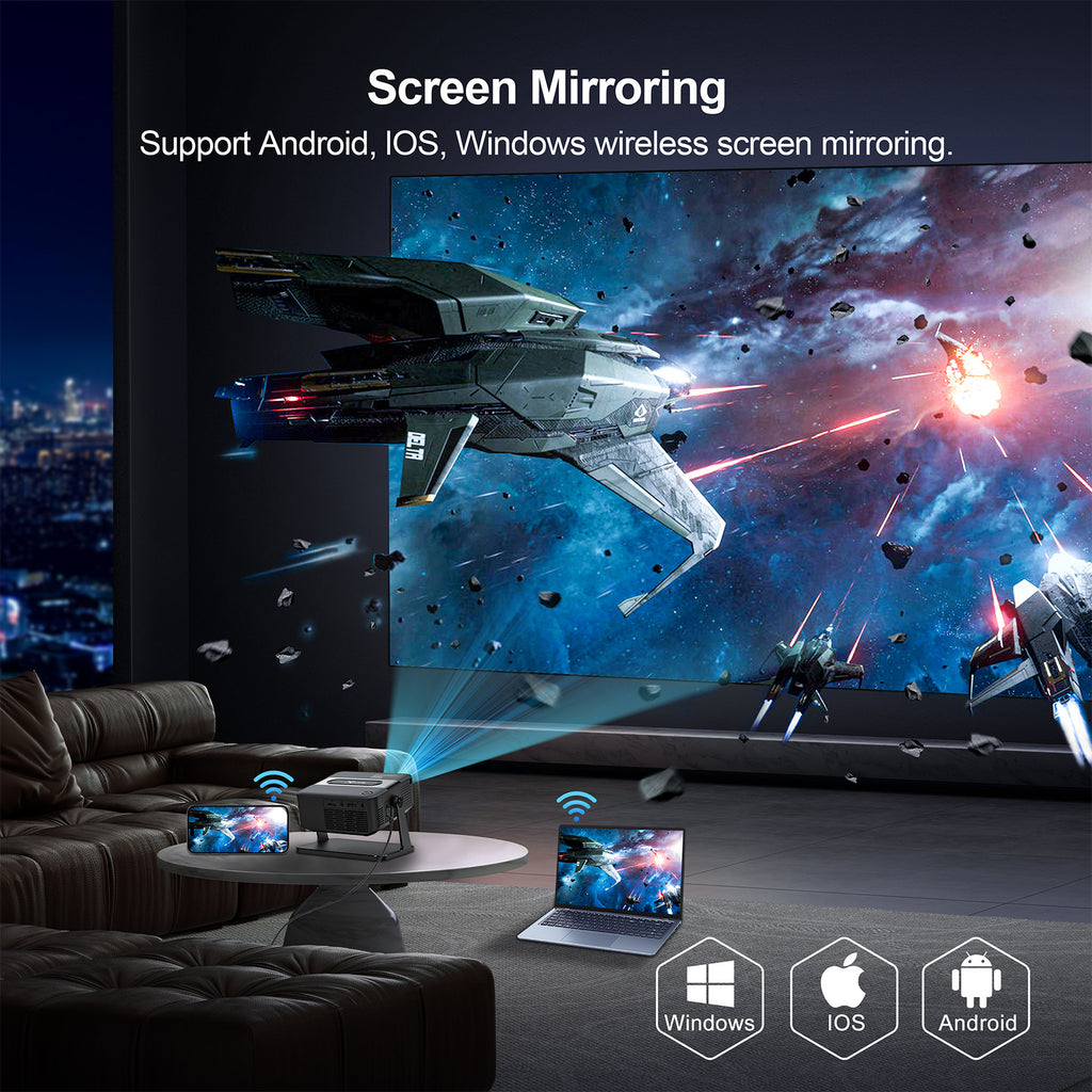 Proyector inteligente HA109 nativo 720P 4K Decodificar 130ANSI Android 11 WiFi6 Bluetooth5.0 270 ° Proyector de cine en casa giratorio