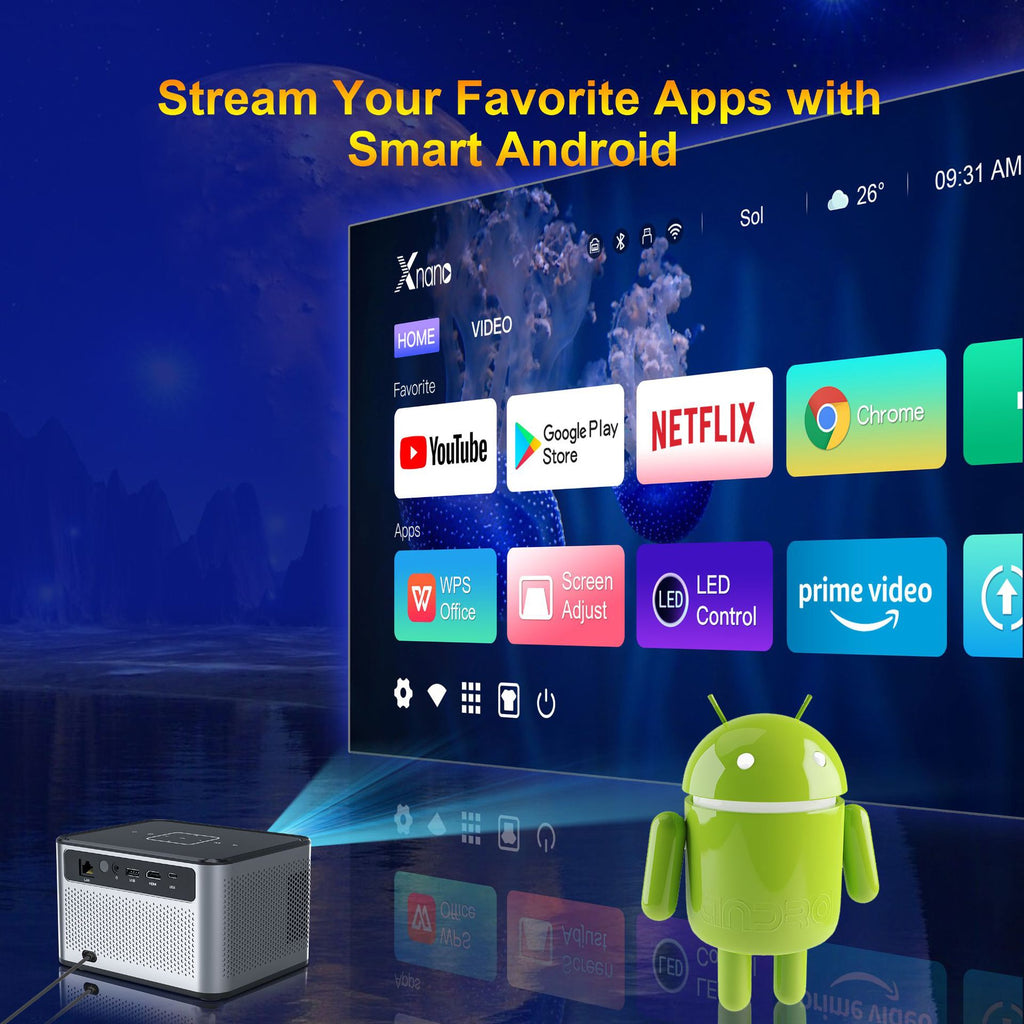 Proyector inteligente Xnano X3Pro nativo 720P Android 11 190ANS 4K decodifica doble WiFi BT5.0 cine portátil en casa