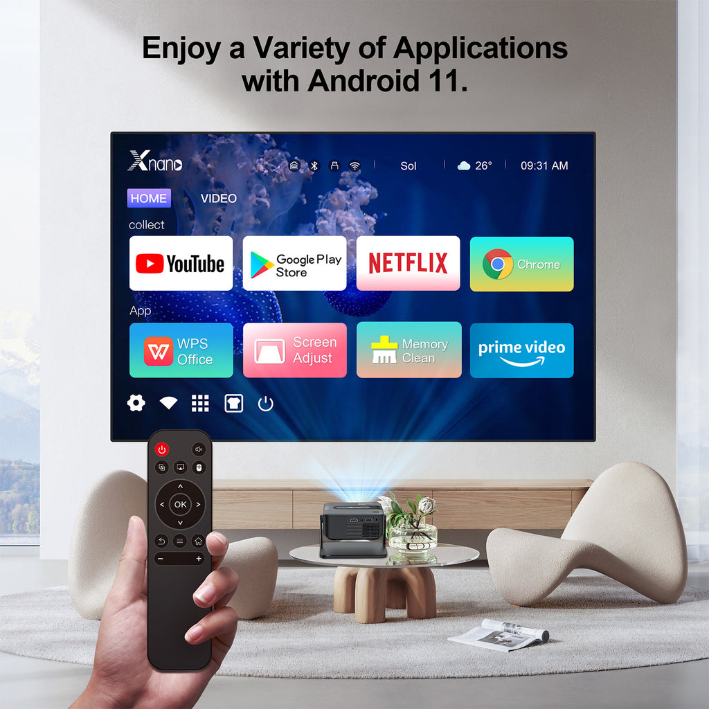 Proyector inteligente HA109 nativo 720P 4K Decodificar 130ANSI Android 11 WiFi6 Bluetooth5.0 270 ° Proyector de cine en casa giratorio