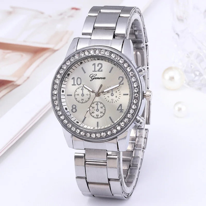 Reloj dorado para mujer Geneva, reloj clásico de acero inoxidable para mujer, relojes de cuarzo con diamantes de imitación a la moda, reloj de pulsera para mujer y niña