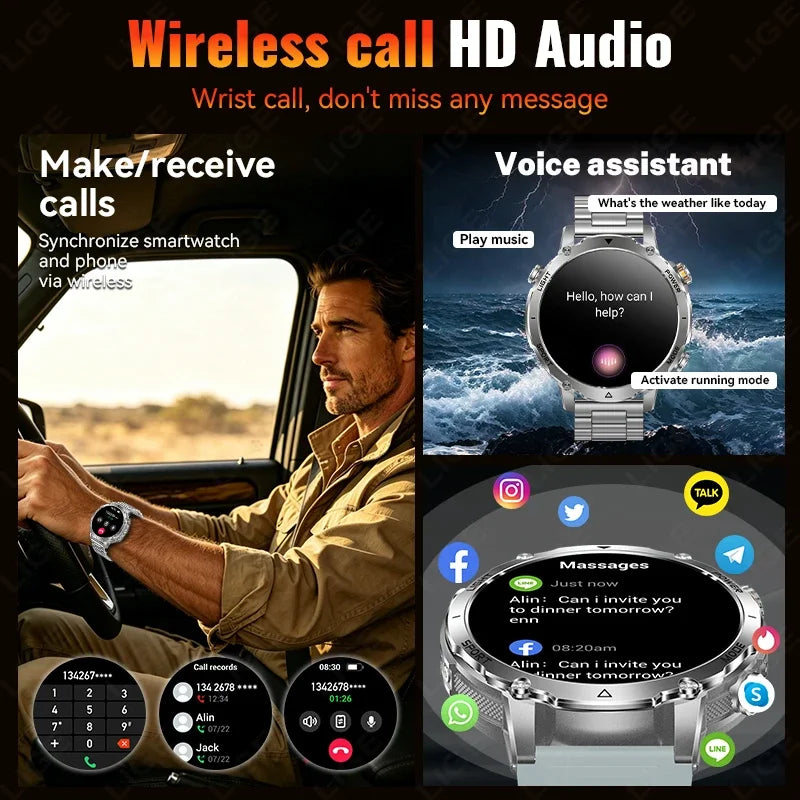 Reloj Inteligente Militar con Linterna Bluetooth 2026