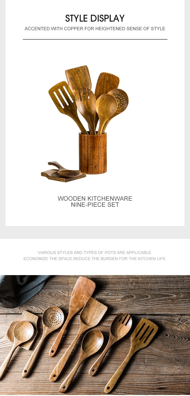 9 cucharas de madera para cocinar, utensilios de madera para cocinar con soporte para utensilios, juego de utensilios de cocina de madera de teca