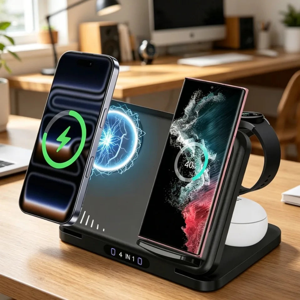 Soporte de Carga Inalámbrico Plegable 4 en 1 para Magsafe iPhone 17 Samsung S26 Galaxy Watch 8 7 6 5 Active 1 2 Buds Pro Carga Rápida