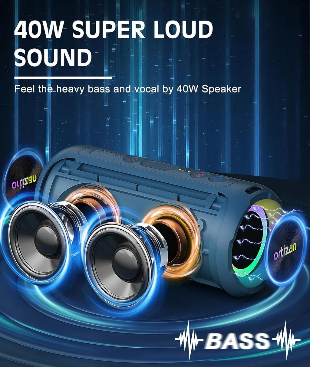 Altavoz Bluetooth inalámbrico Ortizan con sonido y graves HD de 40 W, resistente al agua IPX7, 30 horas de reproducción, Bluetooth 5.3, manos libres, entrada TF/AUX