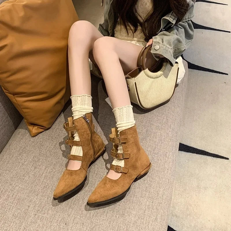 Botines de mujer en ante con hebillas y cremallera, estilo retro occidental