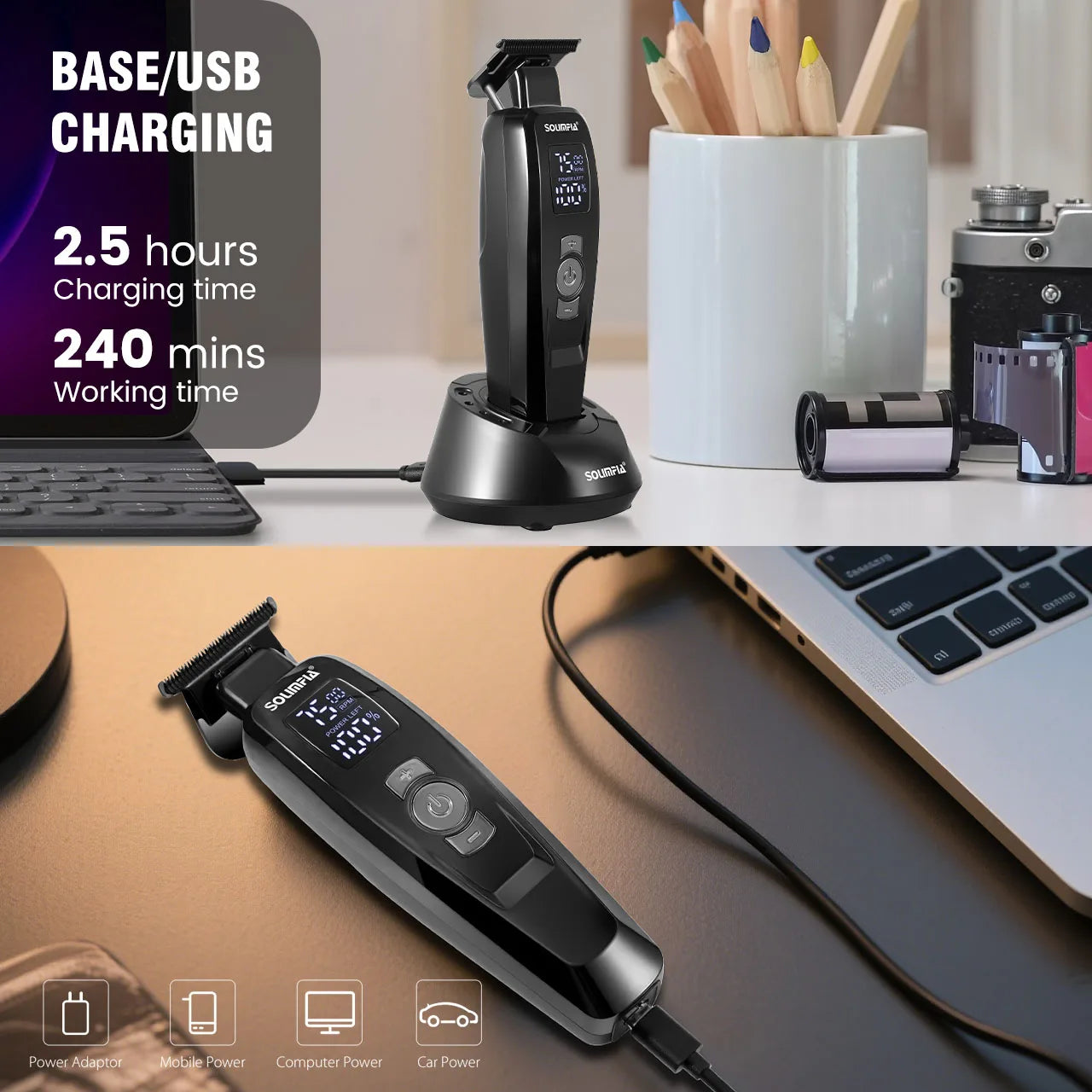    Cortadora de Pelo Profesional para Hombre, 3 Velocidades, Recargable, con Pantalla LED, Kit de Corte de Pelo para Barba y Peinado