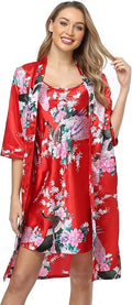 Conjunto de camisón y kimono de satén floral para mujer con camisola, ropa de dormir de 2 piezas, albornoz de pavo real