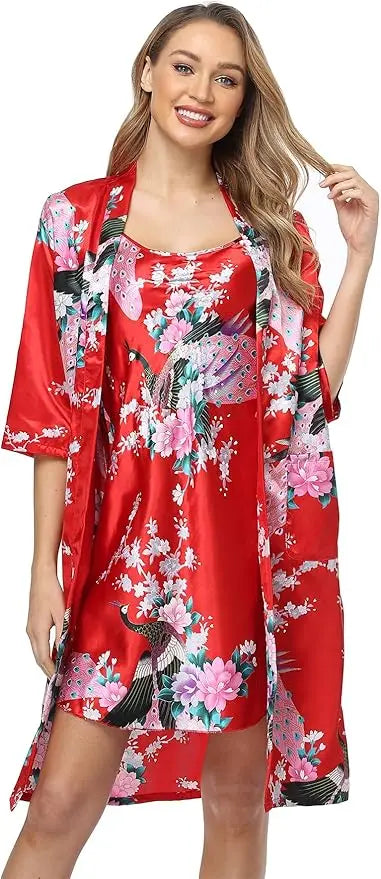 Conjunto de camisón y kimono de satén floral para mujer con camisola, ropa de dormir de 2 piezas, albornoz de pavo real