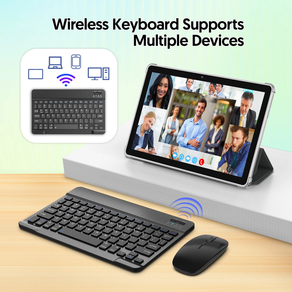 BAKEN Tableta de 10 pulgadas, Android 15, procesador de cuatro núcleos, 64 GB de RAM, memoria expandible de 1 TB, altavoces duales, juego de teclado y mouse