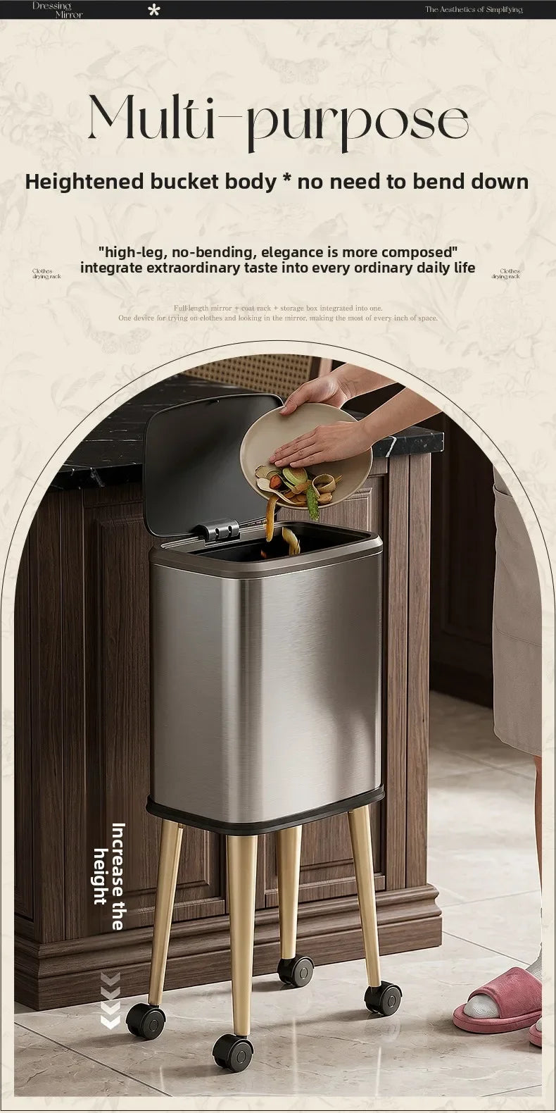 Cubo de basura rodante de acero inoxidable con tapa, 15 litros