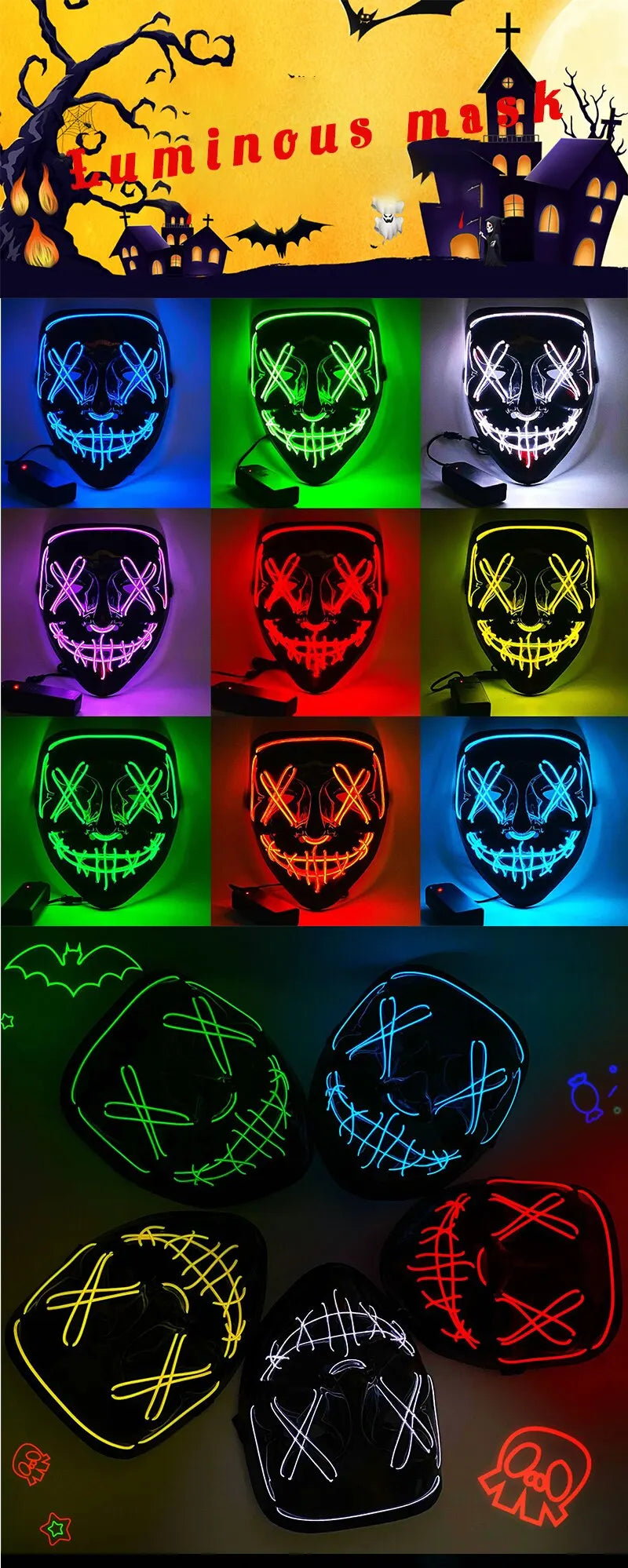 Máscara de purificación de neón para Festival de Música, Bar inalámbrico de Halloween, máscara de fiesta de Carnaval que brilla en la oscuridad, suministro de disfraces de Cosplay