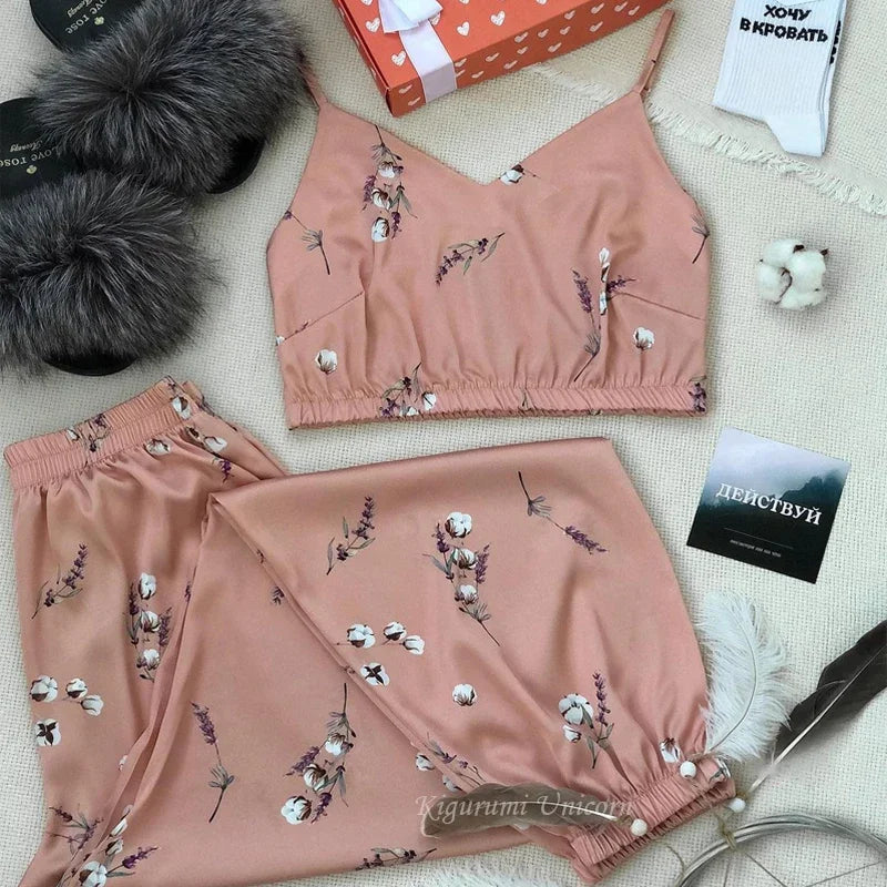 Conjunto de pijamas de seda sintética satinada para mujer, Top con tirantes y pantalones, ropa de dormir con estampado Floral, ropa de dormir de otoño para el hogar, bata de S-XXL