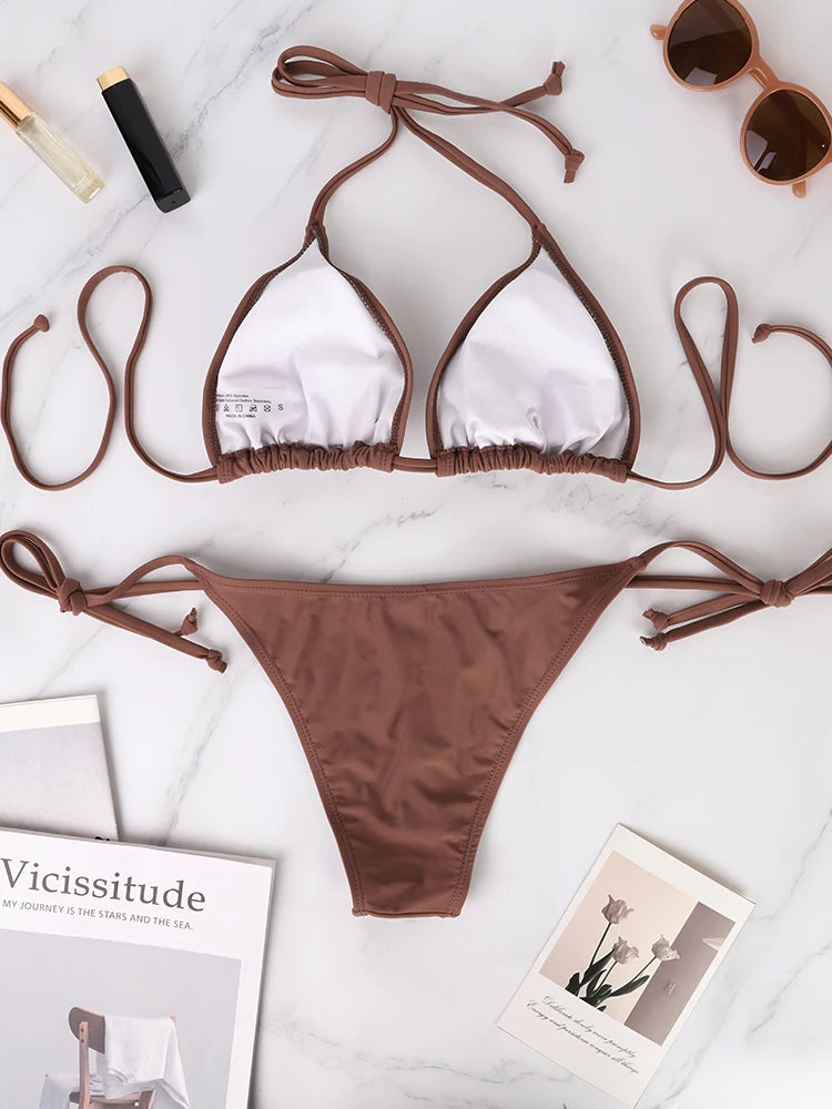 Nuevo Bikini con Tanga para mujer, conjunto de dos piezas, traje de baño Sexy Popular de estilo playero con cordones para mujer, microtanga, Bikini, traje de baño 2025