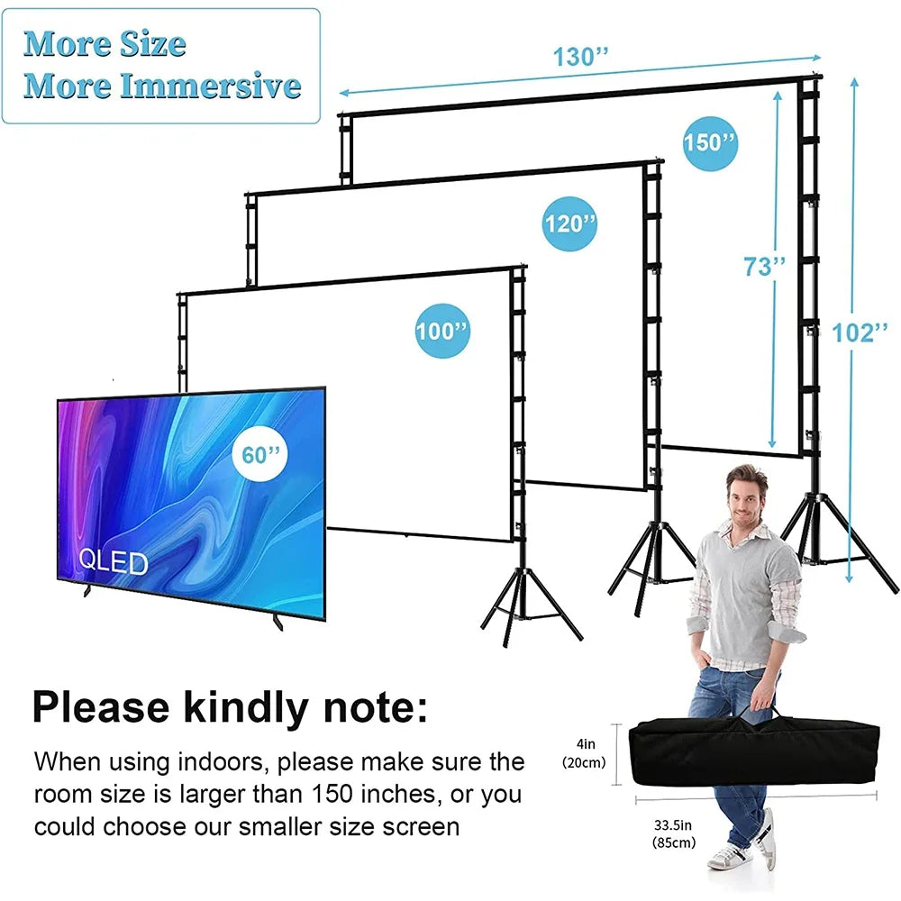LEJIADA-Pantalla de proyector con soporte, pantalla blanca sin arrugas de 60-150 pulgadas, ángulo de visión de 160 °, doble cara, cine en casa, al aire libre