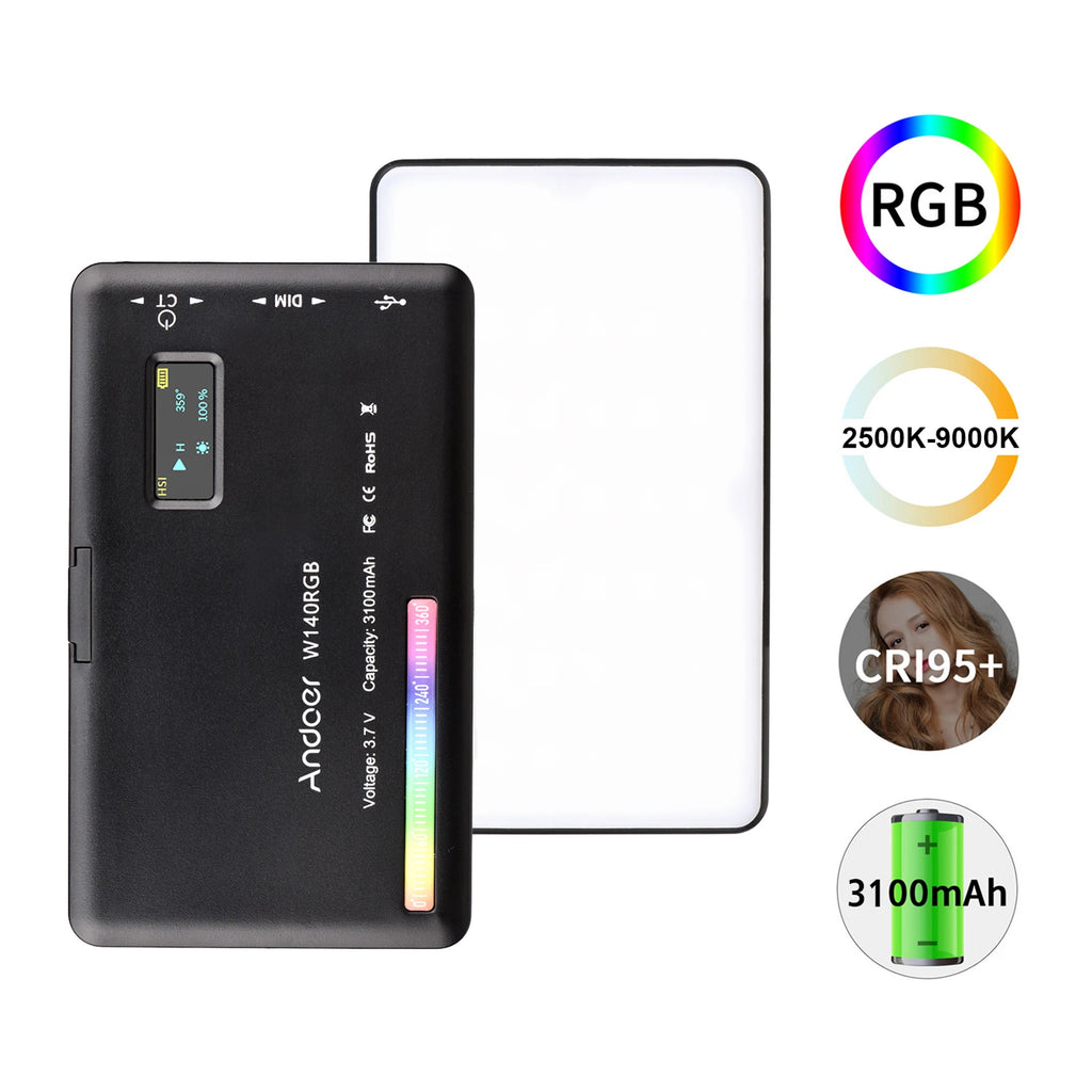 Luz LED Andoer CRI95+ 2500K-9000K Regulable W140 RGB para Video, Recargable, con Pantalla LCD para Vlog