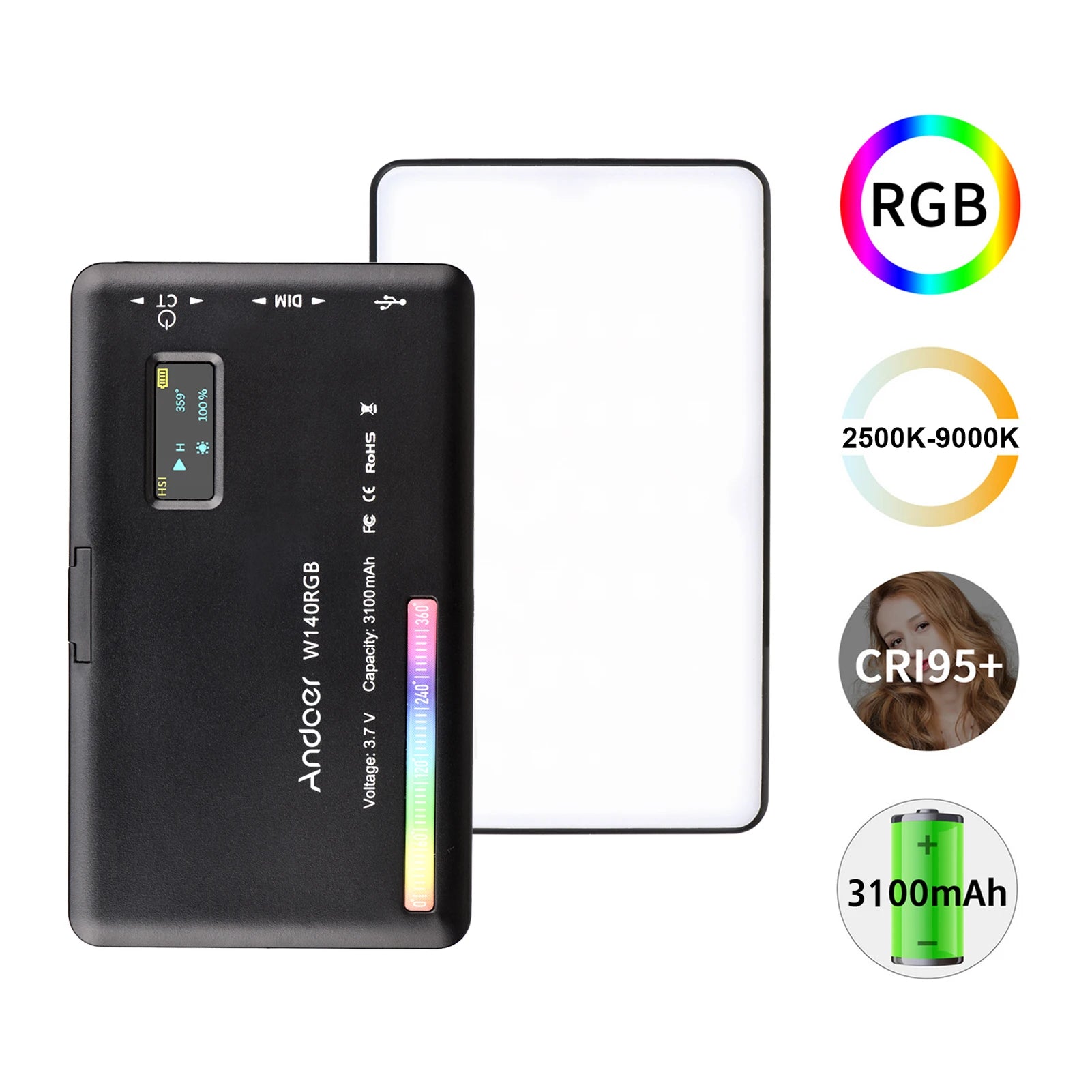 Luz LED Andoer CRI95+ 2500K-9000K Regulable W140 RGB para Video, Recargable, con Pantalla LCD para Vlog