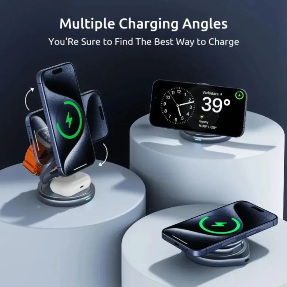 Cargador Inalámbrico Magnético de Aleación de Zinc para Magsafe iPhone 17~12 Pro Max, Apple Watch 11-2, Airpods Pro 4/3/2, Estación de Carga Rápida
